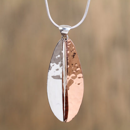 Rippling Leaf Leaf-Shaped Sterling Silver and Copper Pendant Necklace