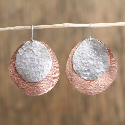 Rippling Eclipse Sterling Silver and Copper Dangle Earrings from Mexico