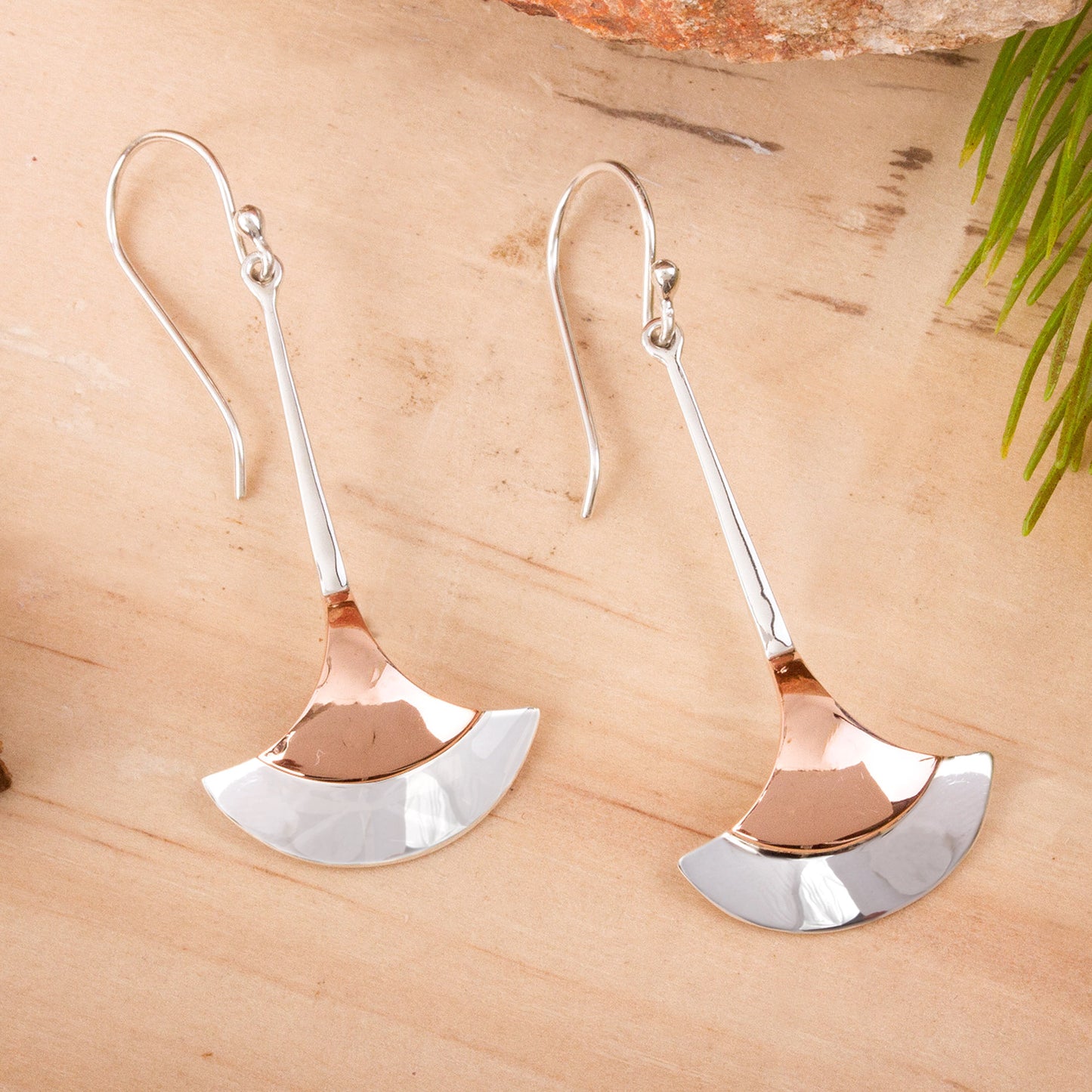 Elegant Crescents Fan-Shaped Sterling Silver and Copper Dangle Earrings