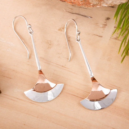 Elegant Crescents Fan-Shaped Sterling Silver and Copper Dangle Earrings