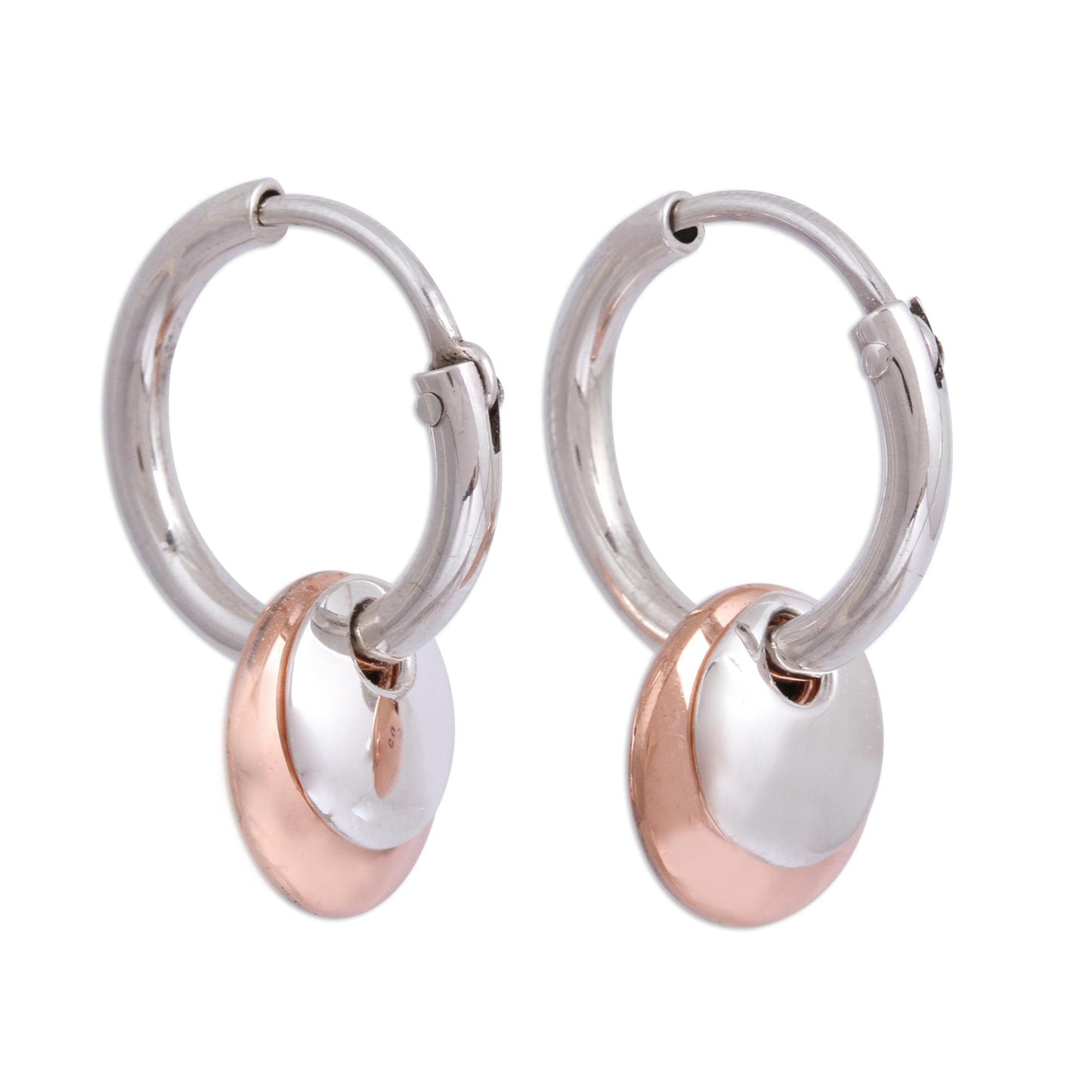 Elegant Eclipse Round Sterling Silver and Copper Hoop Dangle Earrings