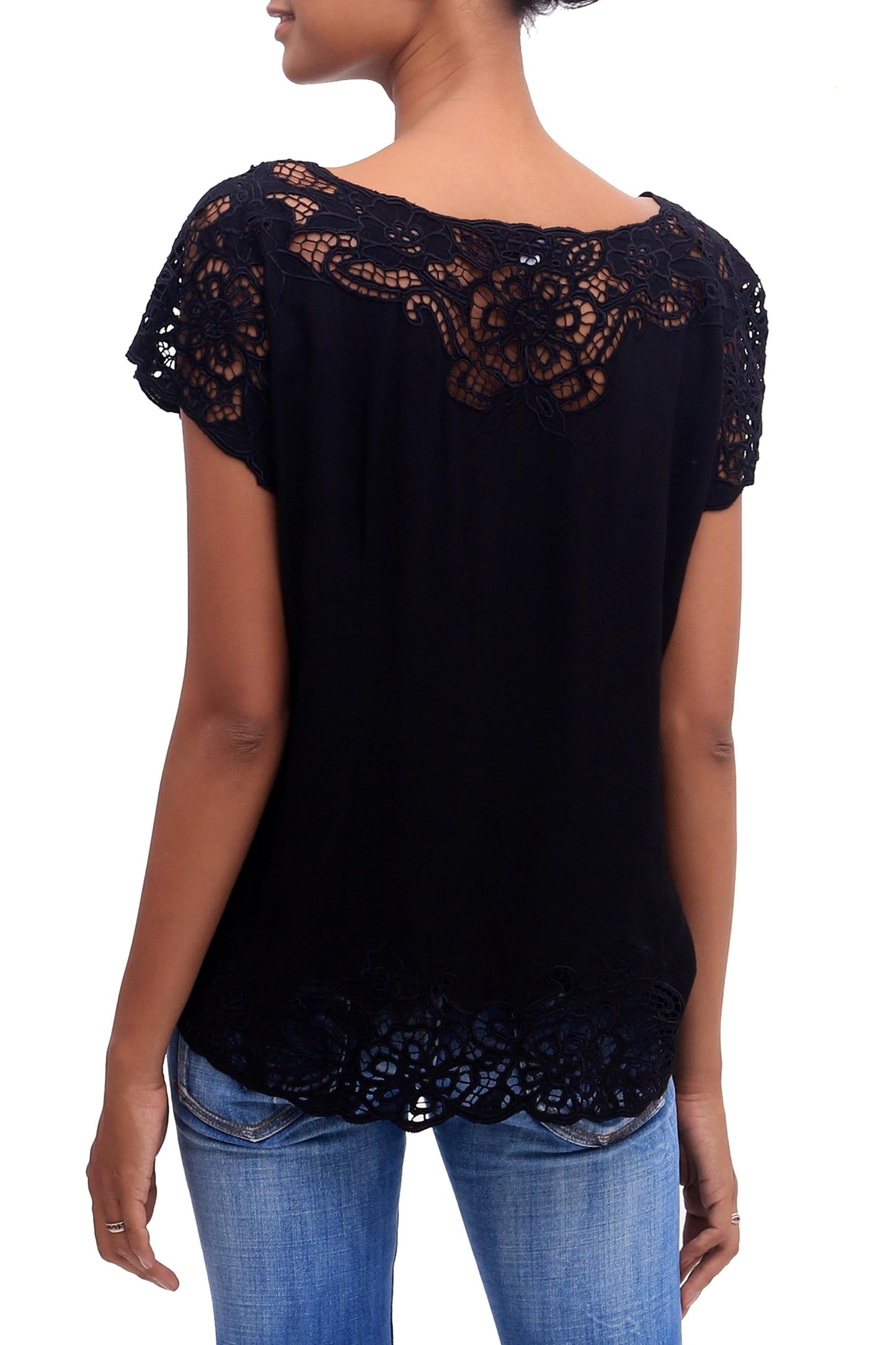 Onyx Kusuma Floral Embroidered Rayon Blouse in Onyx from Bali