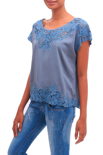 Blue Spruce Kusuma Floral Embroidered Rayon Blouse in Blue from Bali