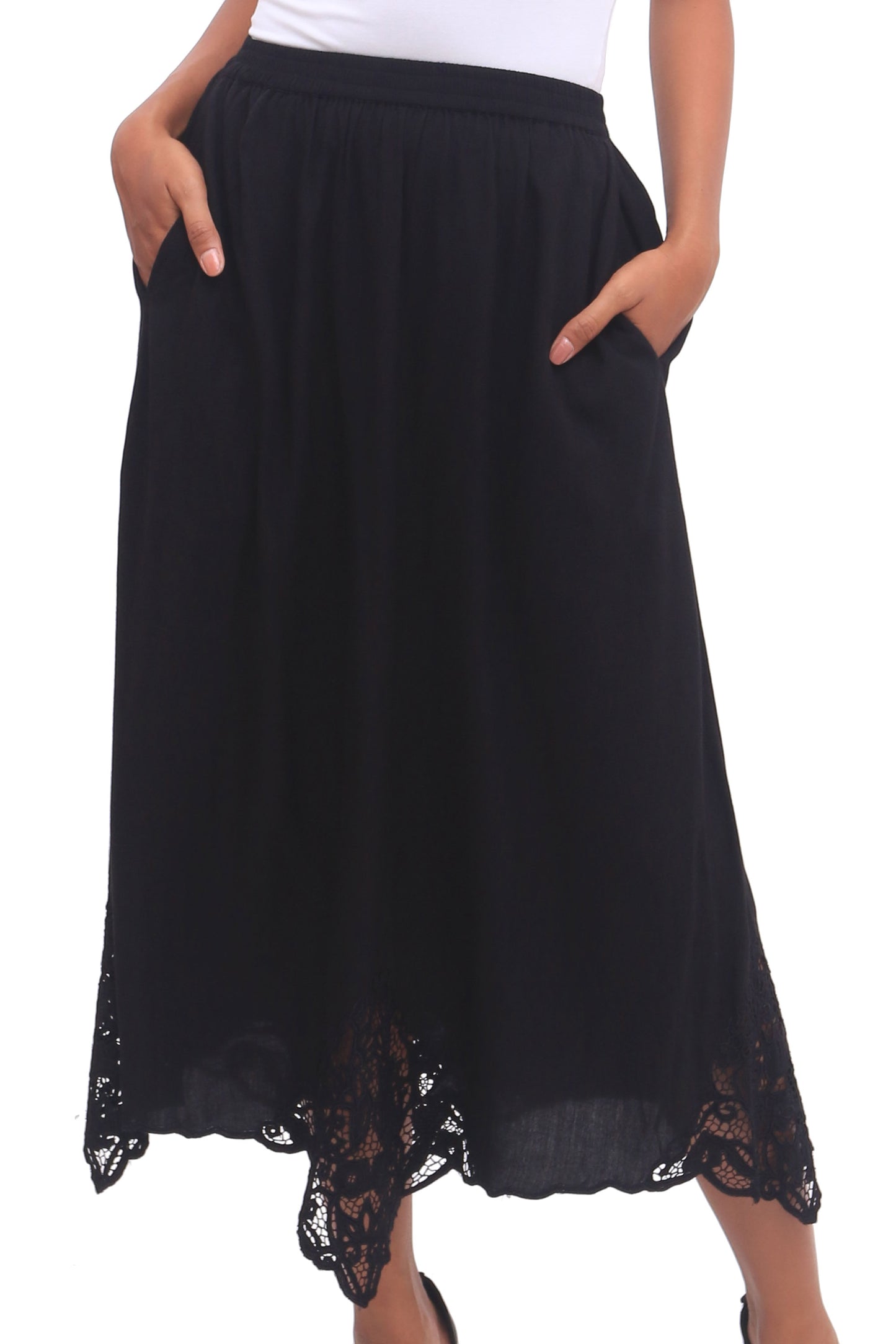 Juwita Style Hand-Embroidered Rayon Midi Skirt in Onyx from Bali