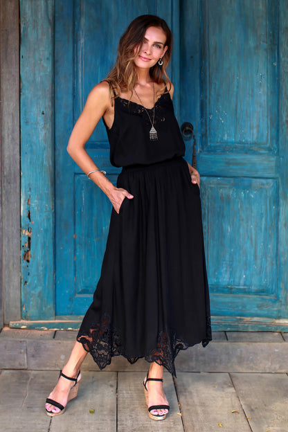 Juwita Style Hand-Embroidered Rayon Midi Skirt in Onyx from Bali