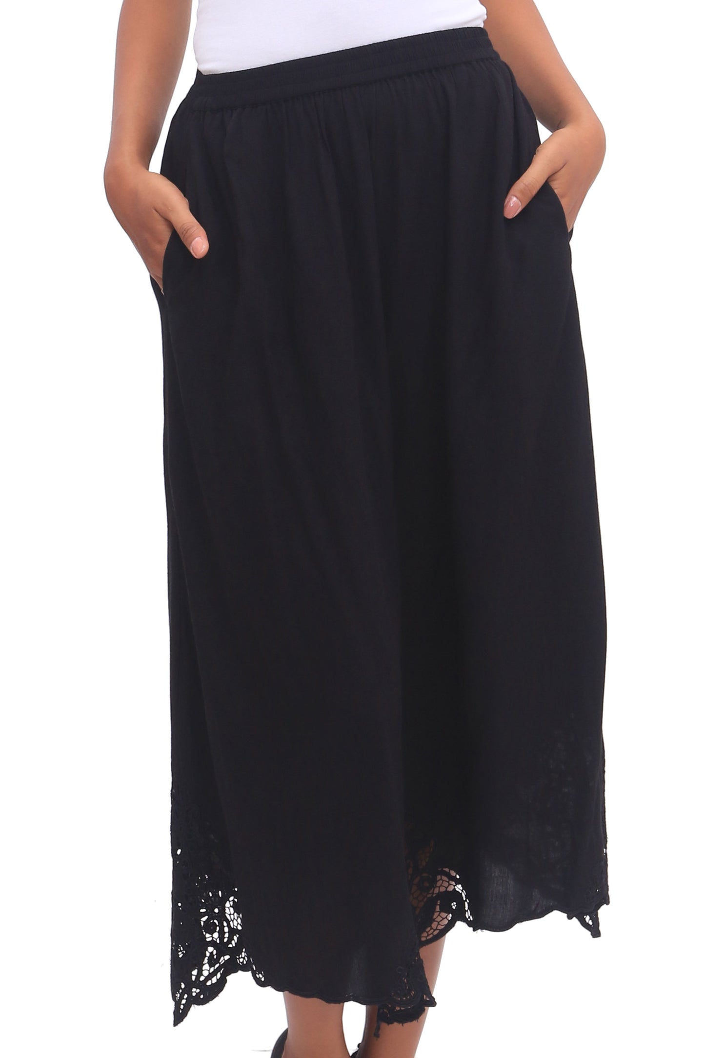 Juwita Style Hand-Embroidered Rayon Midi Skirt in Onyx from Bali