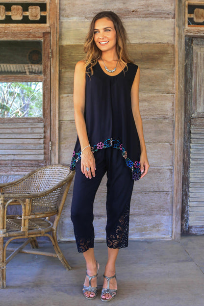 Onyx Padma Flower Floral Embroidered Rayon Pants in Onyx from Bali