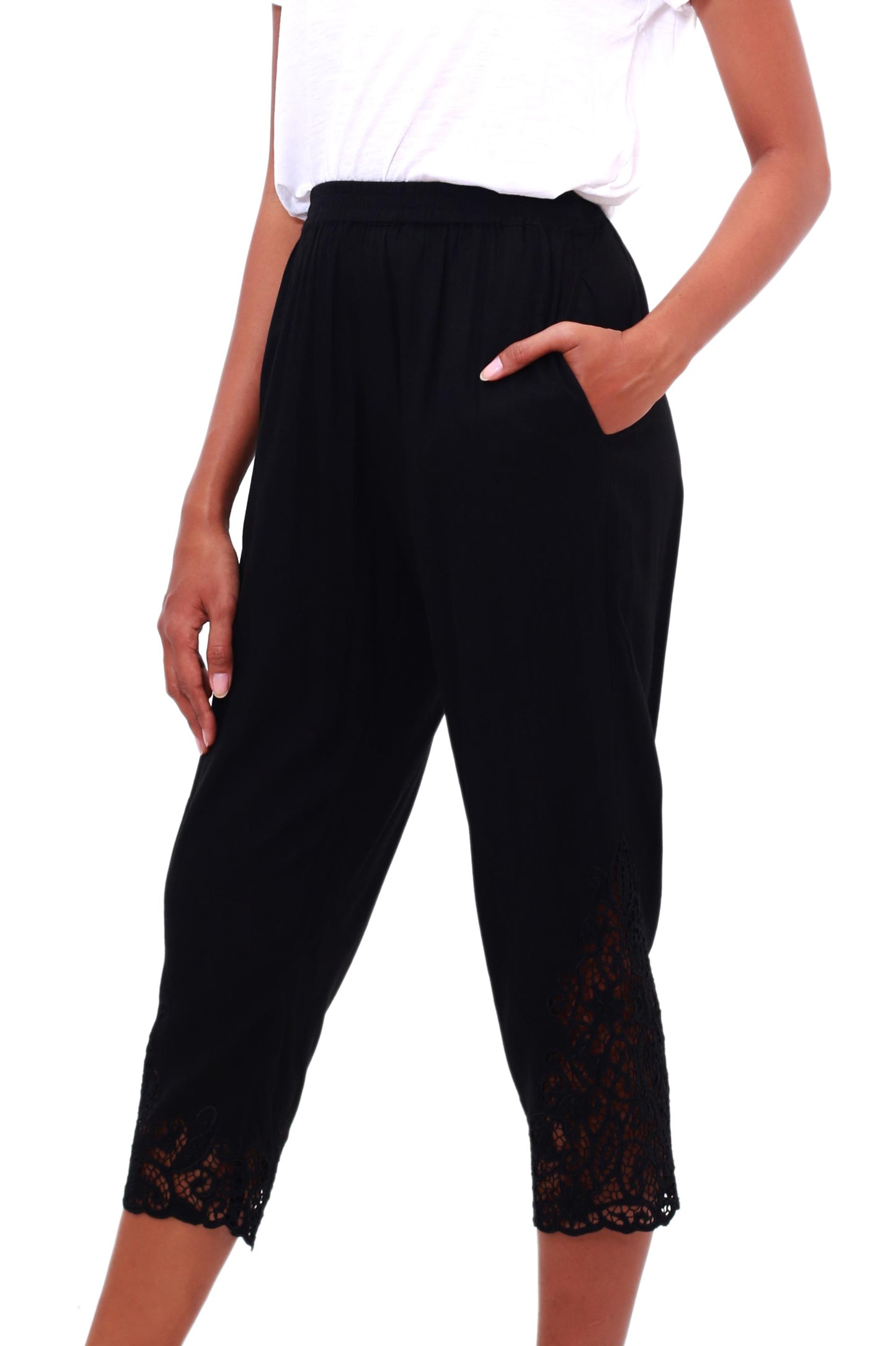 Onyx Padma Flower Floral Embroidered Rayon Pants in Onyx from Bali