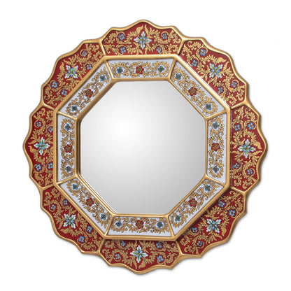 Red Star Collectible Floral Peruvian Reverse Painted Glass Mirror