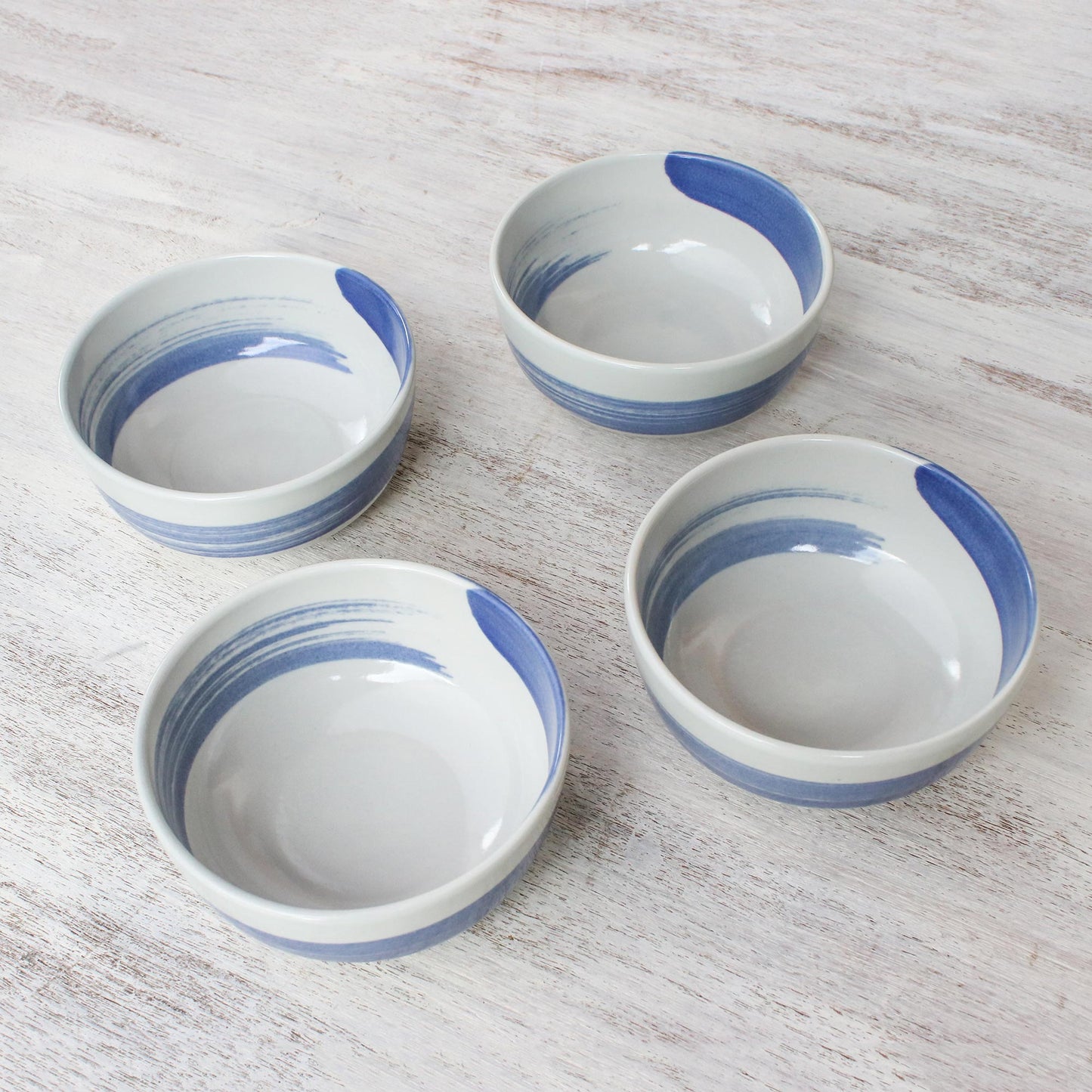 Blue Winds Handcrafted Blue and White Ceramic Set of Four Bowls