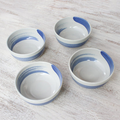 Blue Winds Handcrafted Blue and White Ceramic Set of Four Bowls