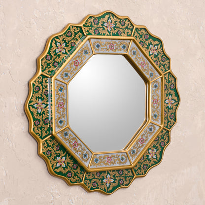 Green Star Green Floral Fair Trade Reverse Painted Glass Wall Mirror