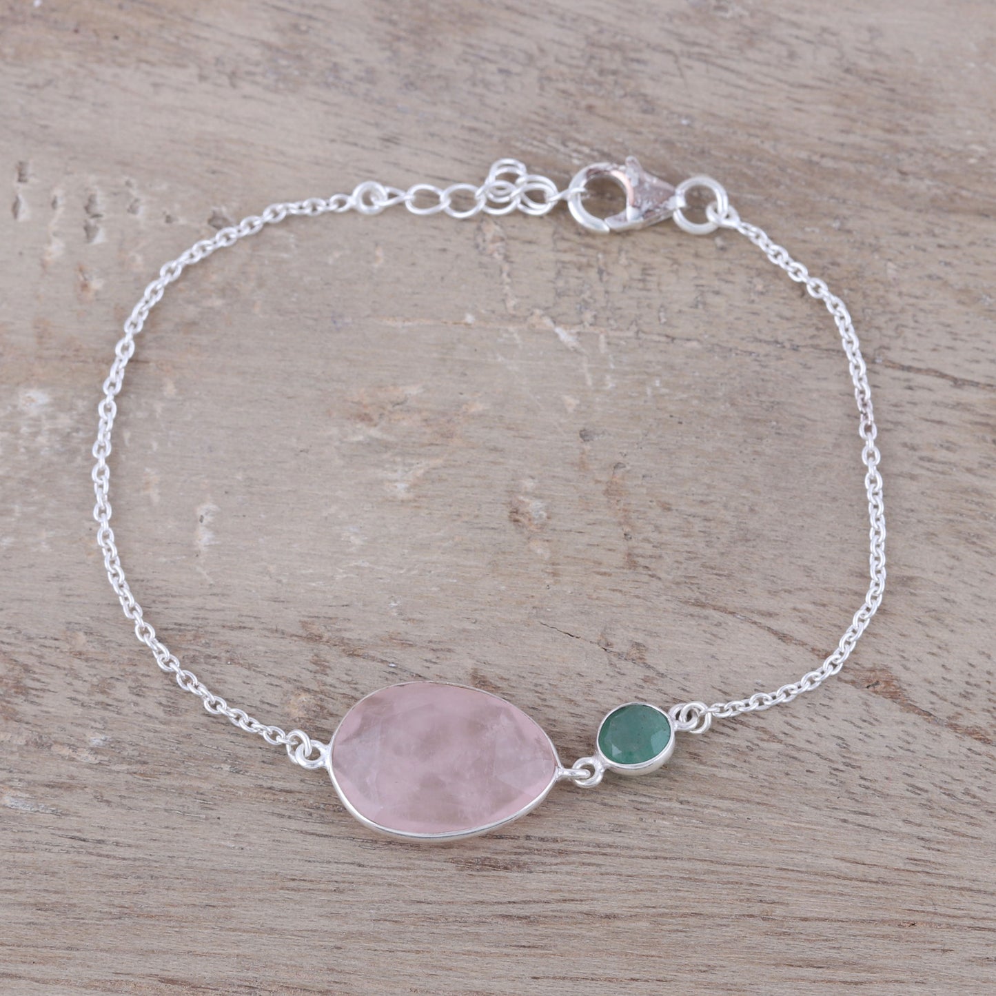 Crystal Shimmer Sterling Silver Rose Quartz and Aventurine Pendant Bracelet