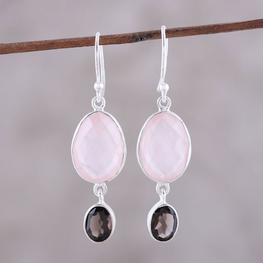 Pretty Pairing Rose Quartz and Smoky Quartz Dangle Earrings from India