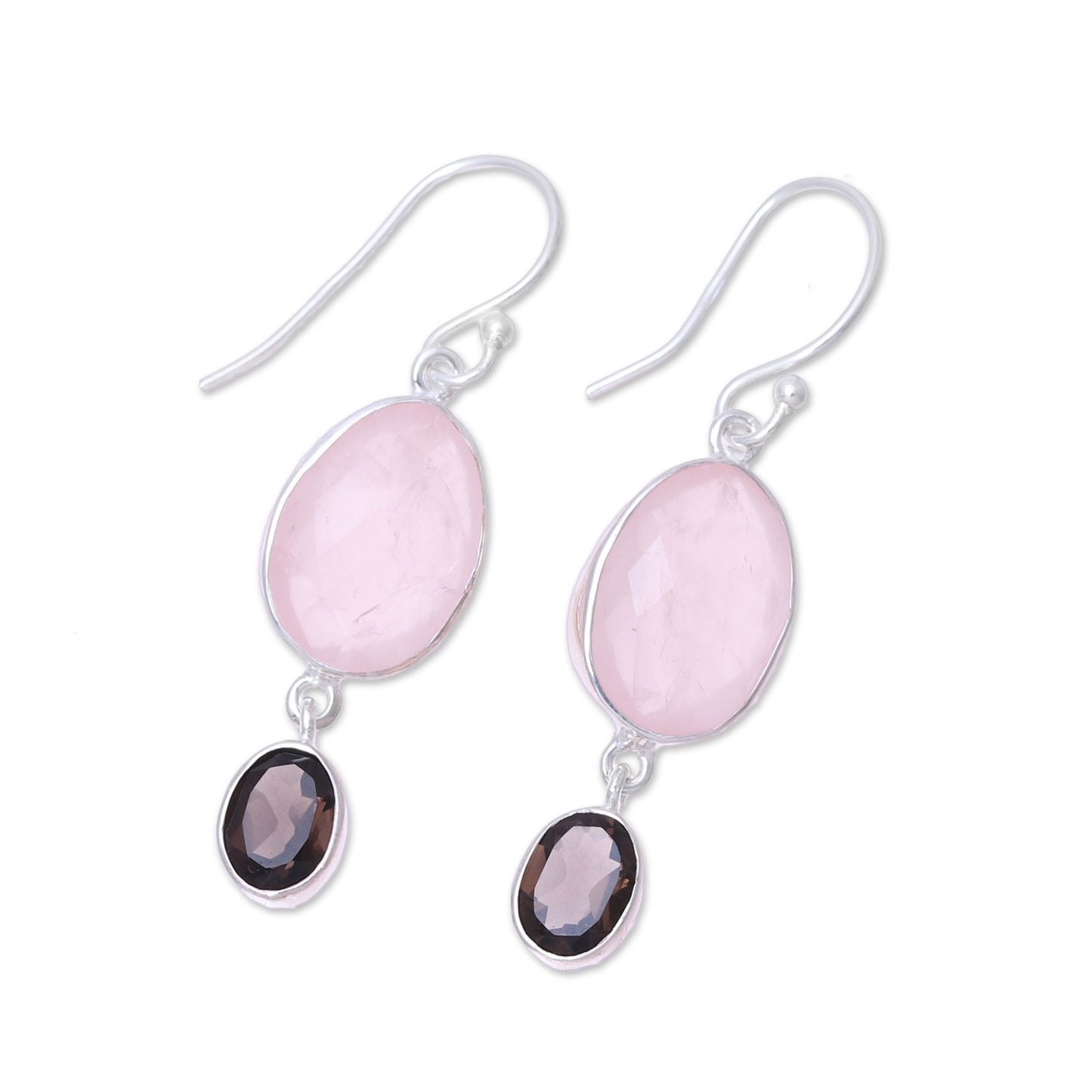 Pretty Pairing Rose Quartz and Smoky Quartz Dangle Earrings from India