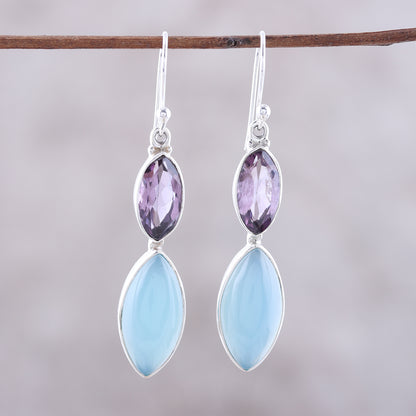 Luxurious Glow Sterling Silver Blue Chalcedony Amethyst Dangle Earrings