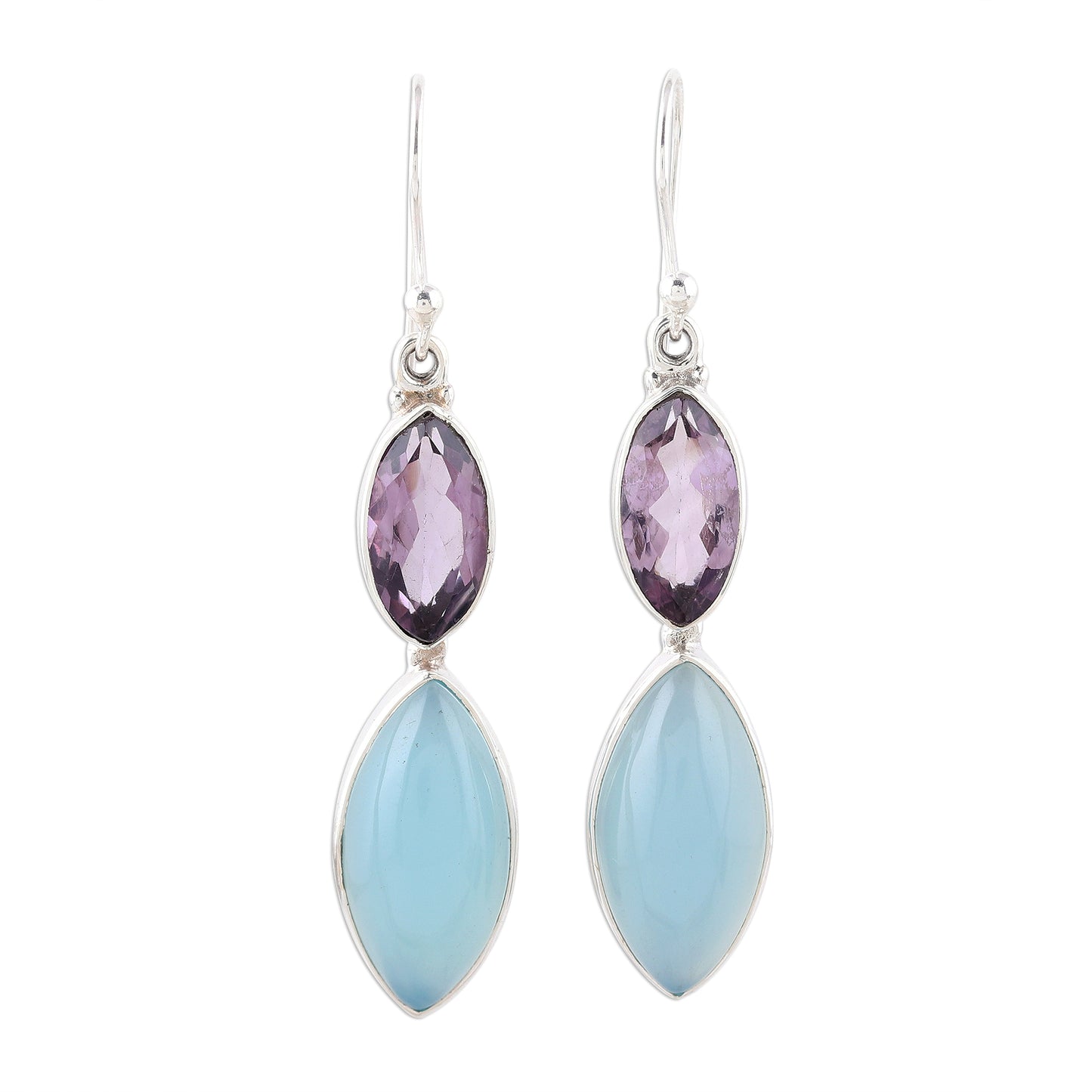 Luxurious Glow Sterling Silver Blue Chalcedony Amethyst Dangle Earrings