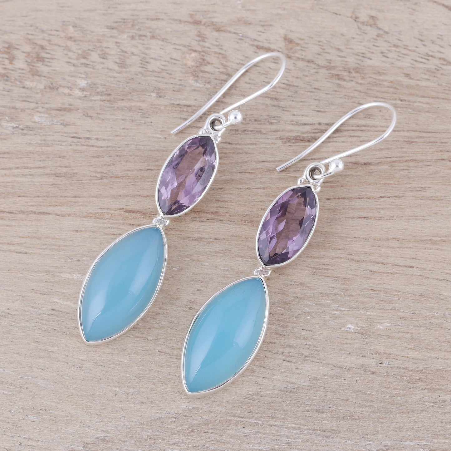 Luxurious Glow Sterling Silver Blue Chalcedony Amethyst Dangle Earrings