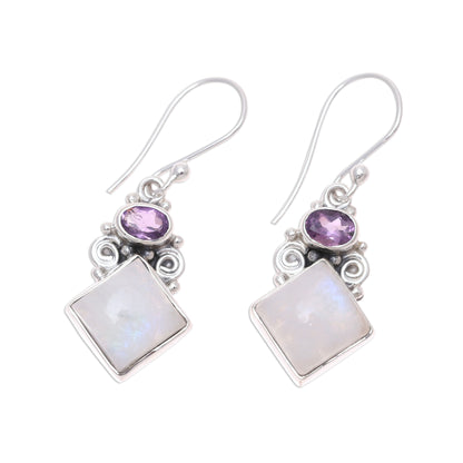 Cloud Fragments Sterling Silver Rainbow Moonstone Amethyst Dangle Earrings