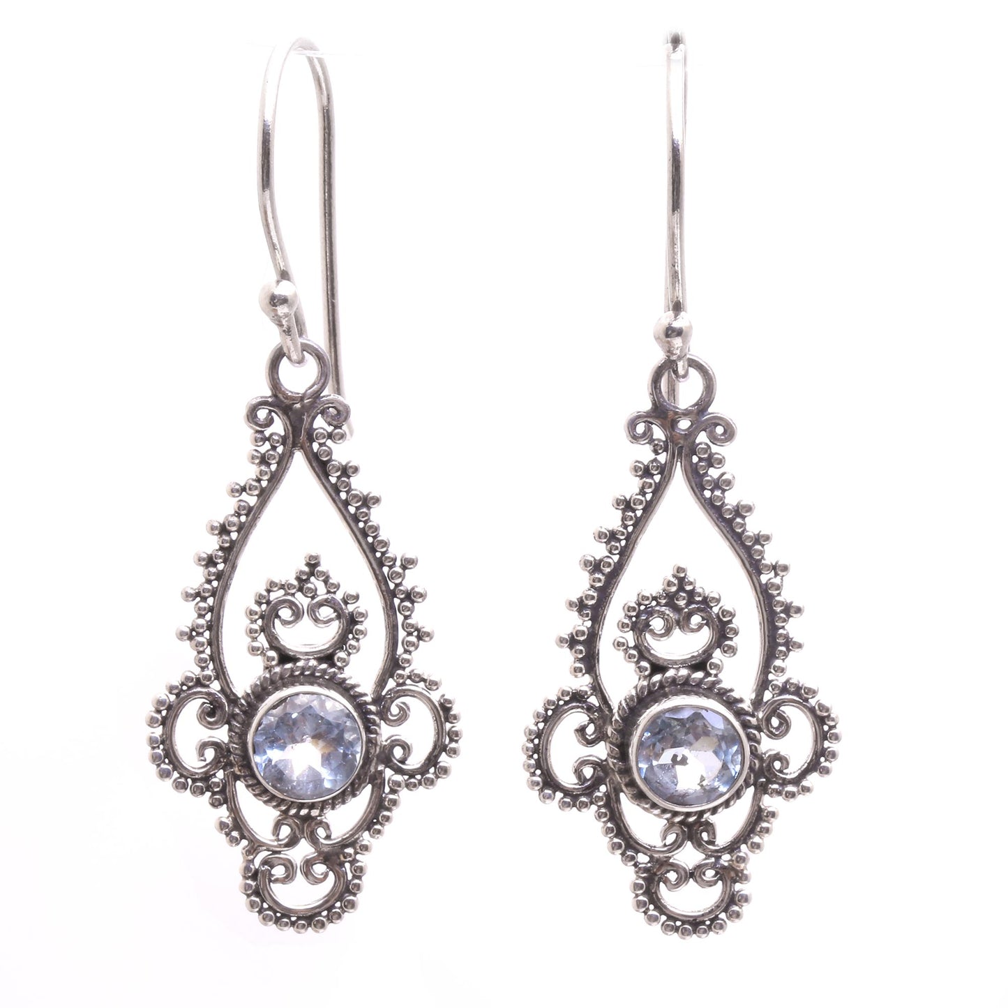 Elegant Evening in Blue Blue Topaz Sterling Silver Dot and Scroll Dangle Earrings