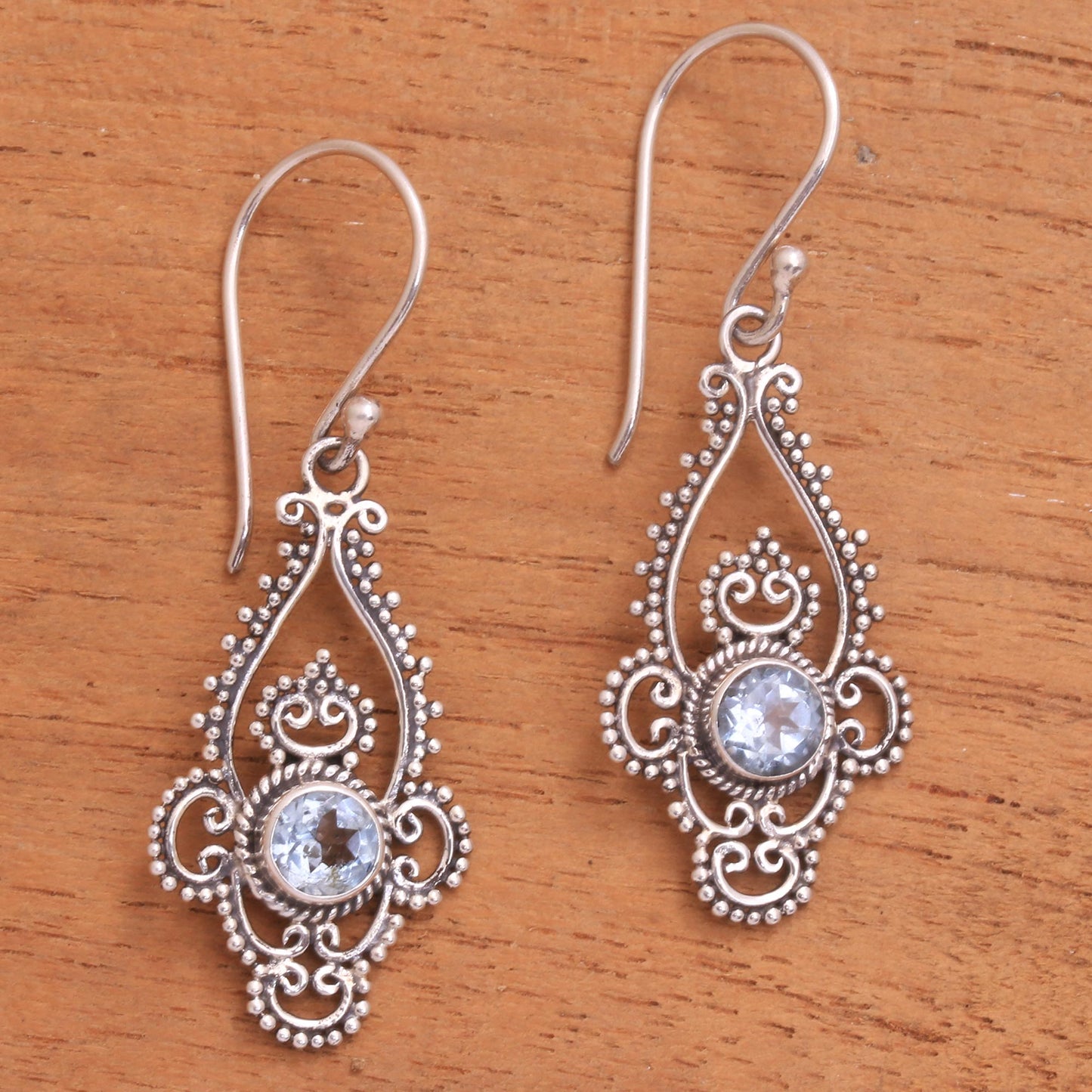 Elegant Evening in Blue Blue Topaz Sterling Silver Dot and Scroll Dangle Earrings