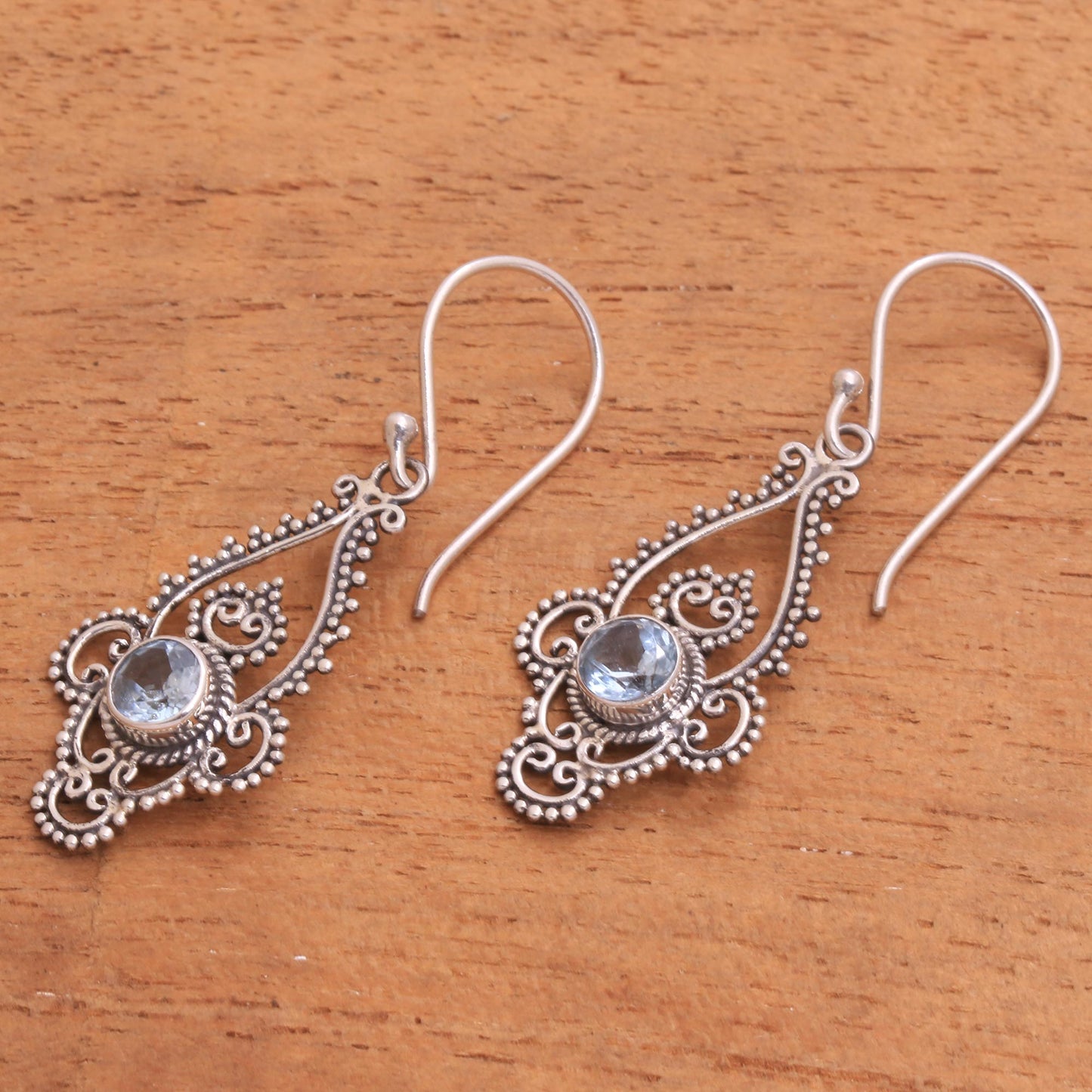 Elegant Evening in Blue Blue Topaz Sterling Silver Dot and Scroll Dangle Earrings