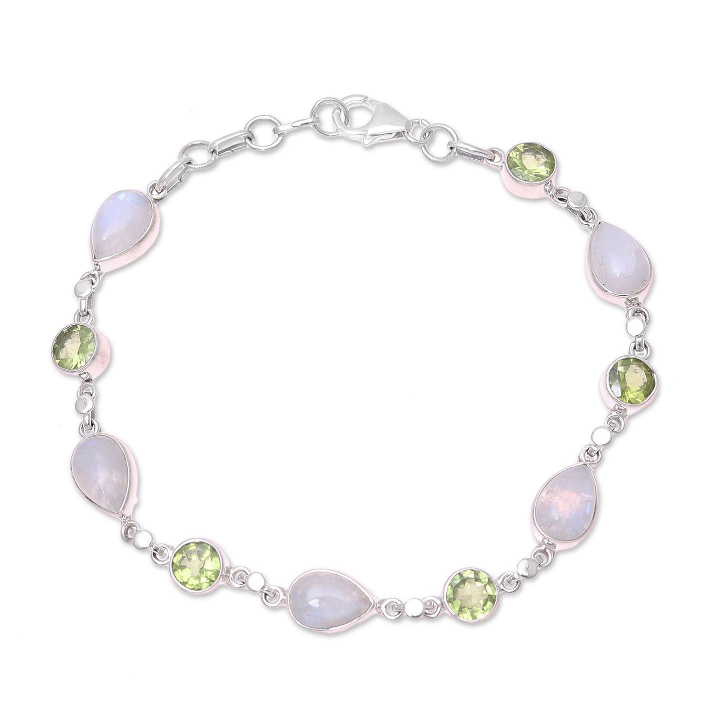 Misty Forest Sterling Silver Rainbow Moonstone and Peridot Link Bracelet