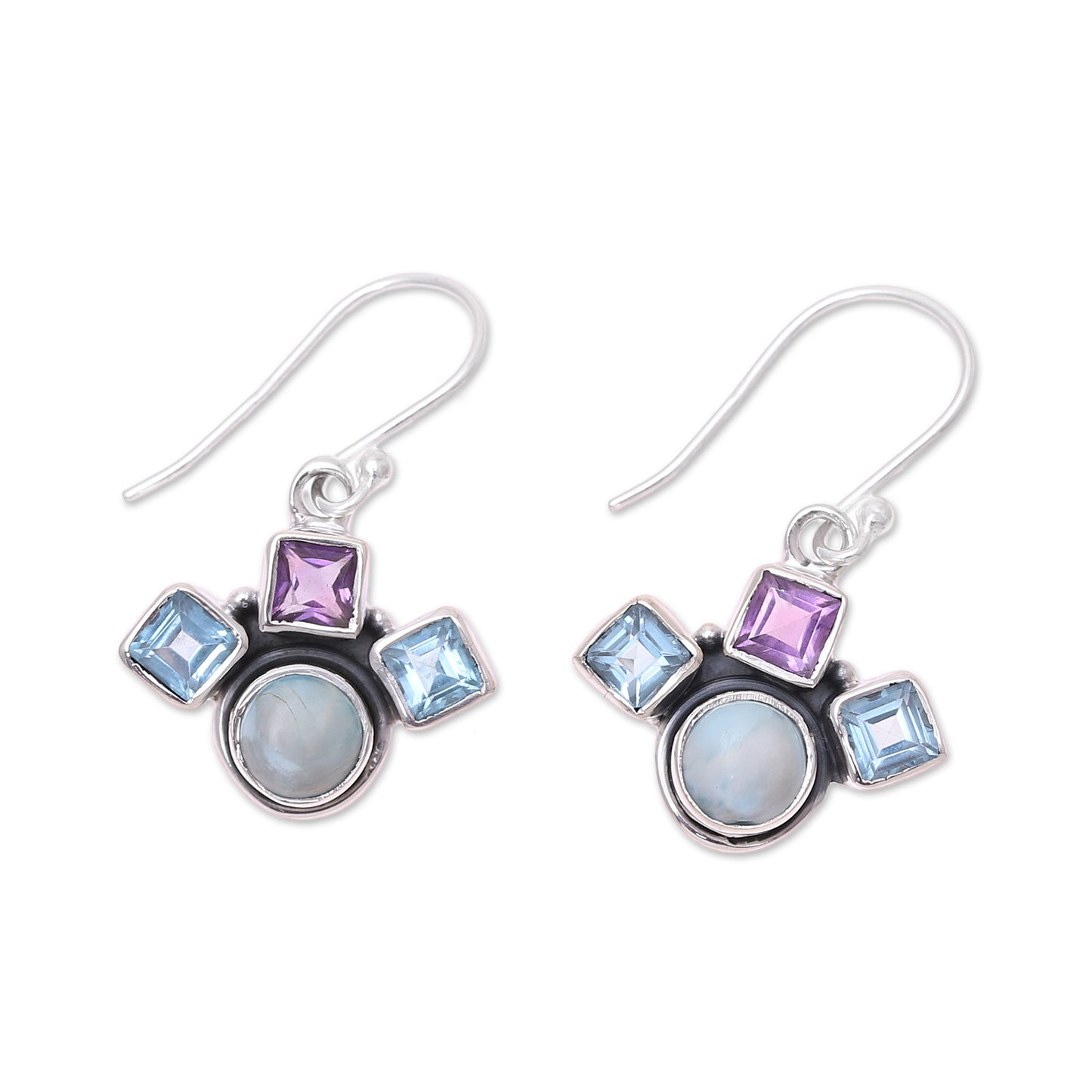 Delightful Glow Blue Topaz Amethyst and Larimar Silver Dangle Earrings