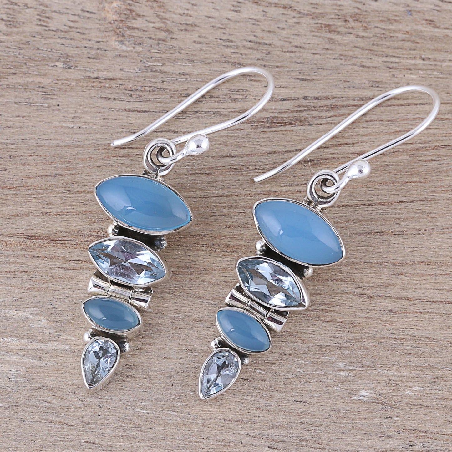 Falling Stars Blue Topaz and Chalcedony Sterling Silver Dangle Earrings