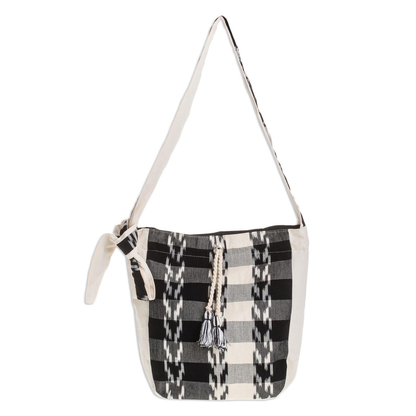 Black and Ivory Handwoven Cotton Bucket Bag in Black and Ivory