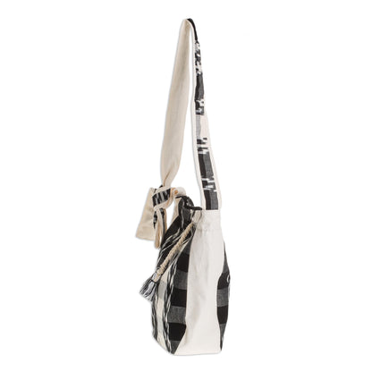 Black and Ivory Handwoven Cotton Bucket Bag in Black and Ivory