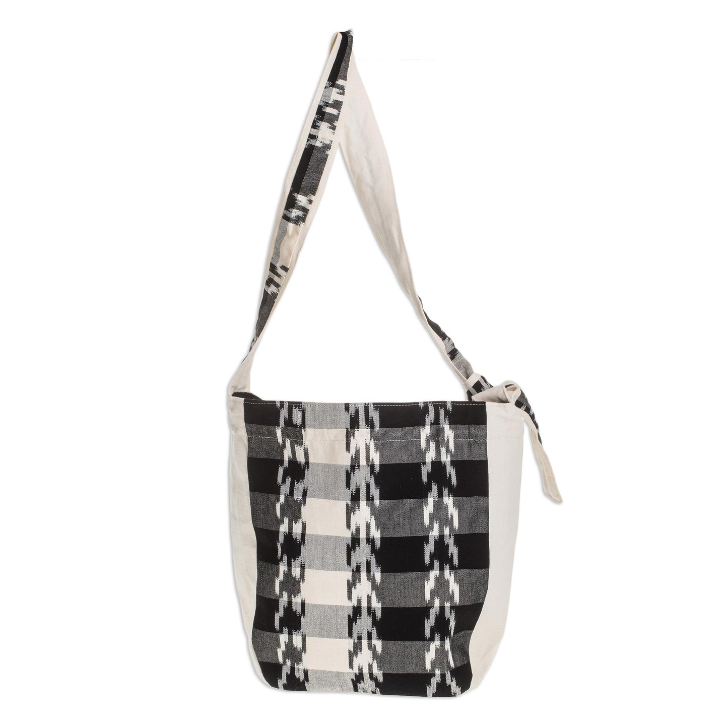 Black and Ivory Handwoven Cotton Bucket Bag in Black and Ivory