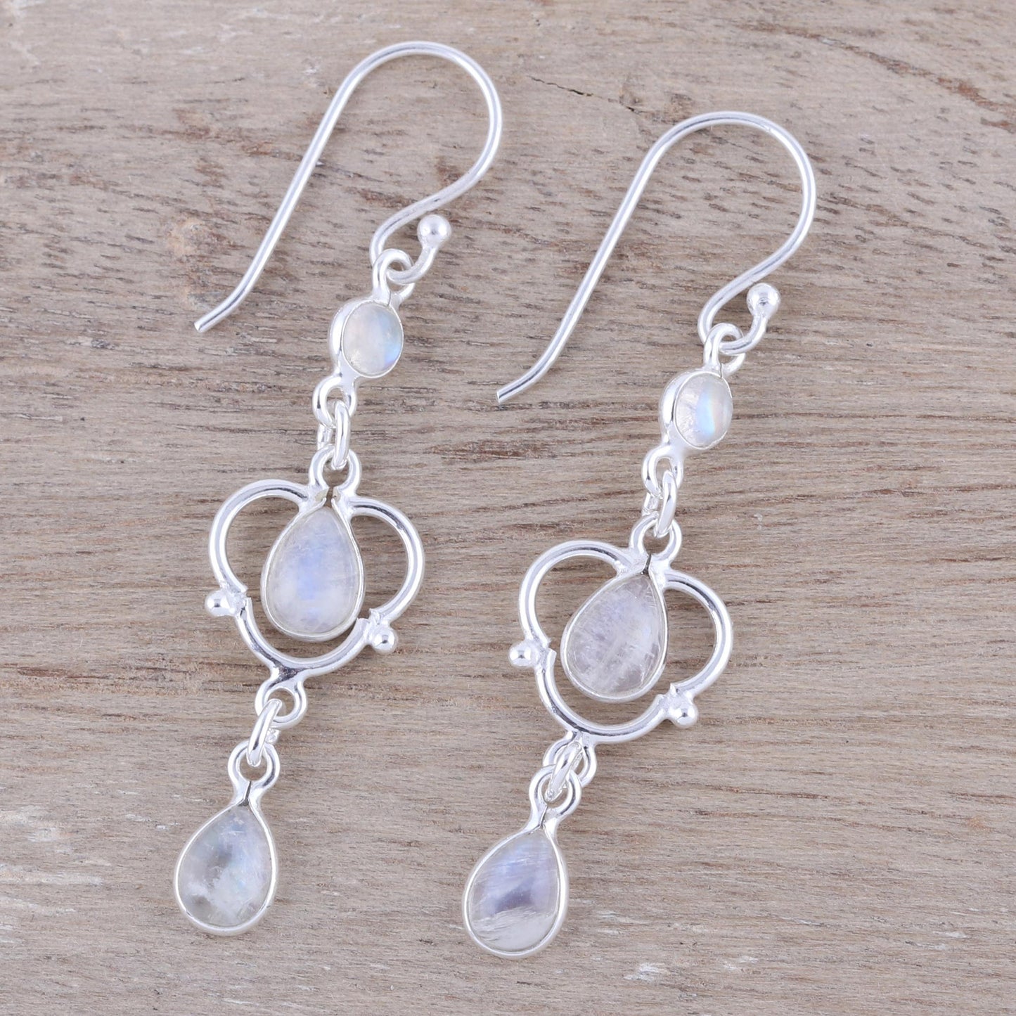 Iridescent Rain Sterling Silver and Rainbow Moonstone Dangle Earrings