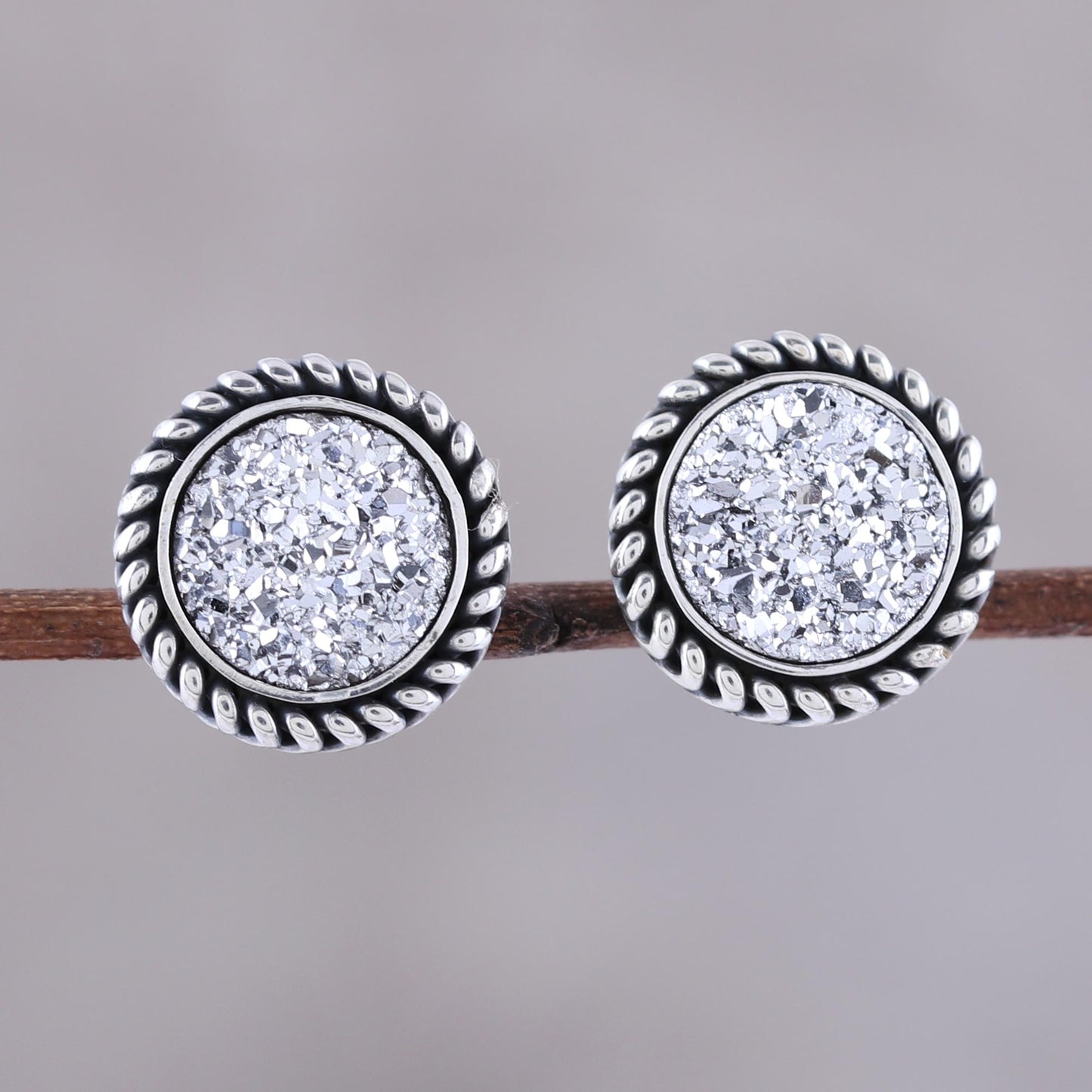 White Sphere Drusy Quartz Silver Stud Earrings