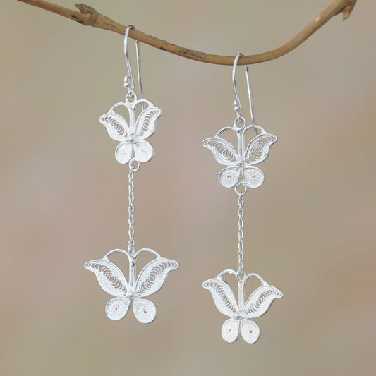 Filigree Butterflies Sterling Silver Filigree Butterfly Elongated Dangle Earrings