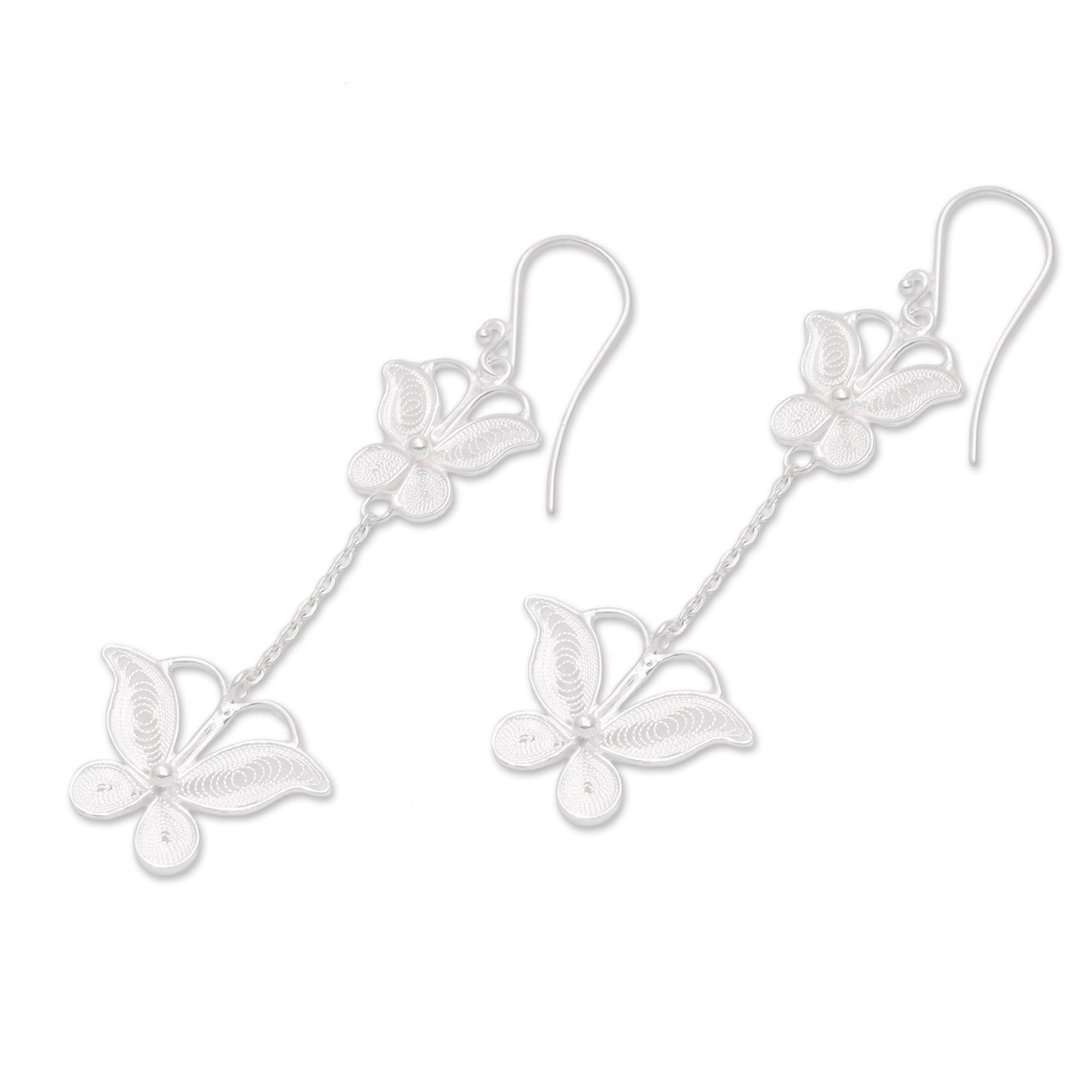 Filigree Butterflies Sterling Silver Filigree Butterfly Elongated Dangle Earrings