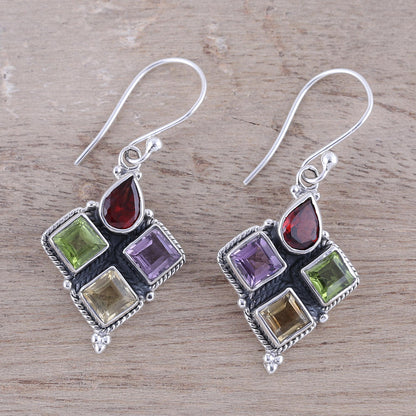 Sparkling Quartet Indian Garnet Citrine Peridot and Amethyst Dangle Earrings