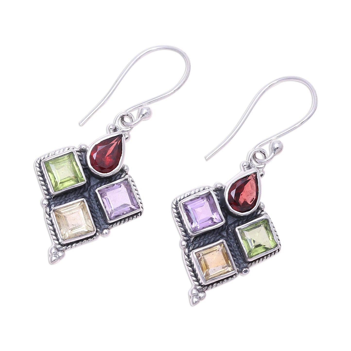 Sparkling Quartet Indian Garnet Citrine Peridot and Amethyst Dangle Earrings