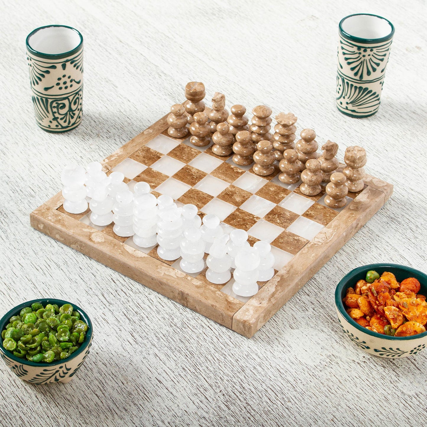 Brown and White Challenge Onyx and Marble Chess Set in Brown and White (7.5 in.)