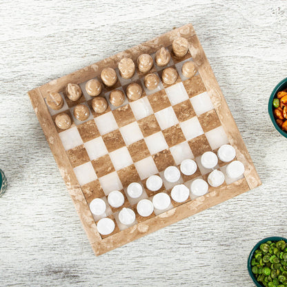 Brown and White Challenge Onyx and Marble Chess Set in Brown and White (7.5 in.)