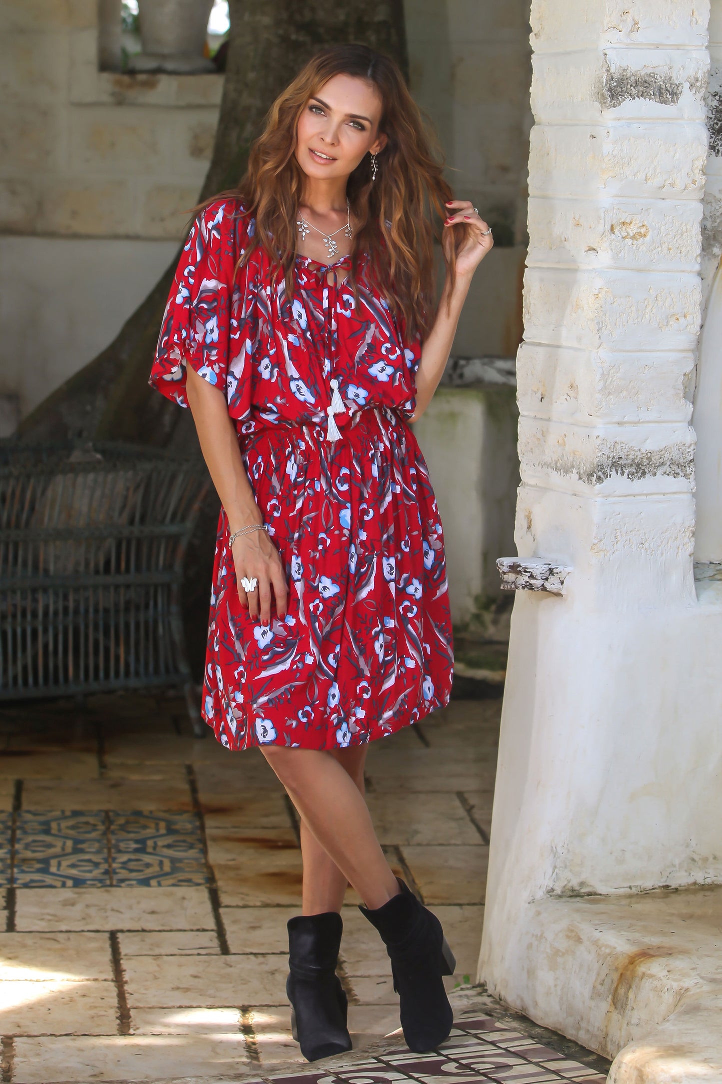 Strawberry Bouquet Floral Rayon Tunic-Style Dress in Strawberry from Bali