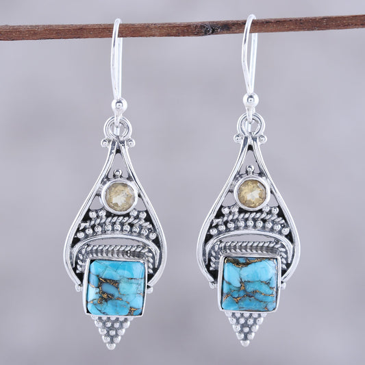 Mythic Ocean Citrine and Composite Turquoise Dangle Earrings from India