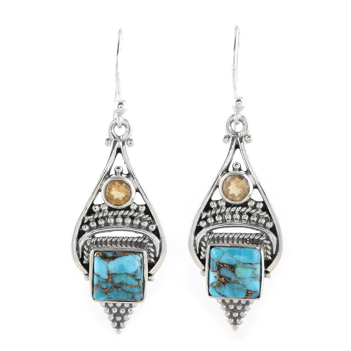 Mythic Ocean Citrine and Composite Turquoise Dangle Earrings from India