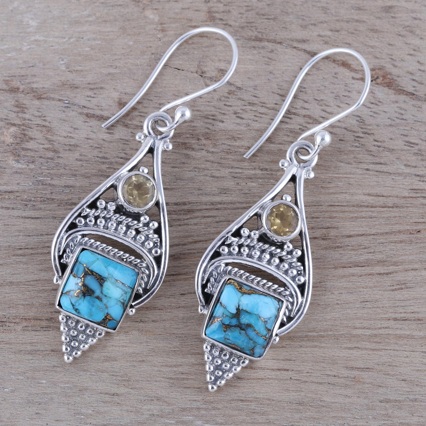 Mythic Ocean Citrine and Composite Turquoise Dangle Earrings from India