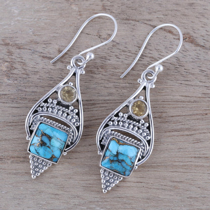 Mythic Ocean Citrine and Composite Turquoise Dangle Earrings from India