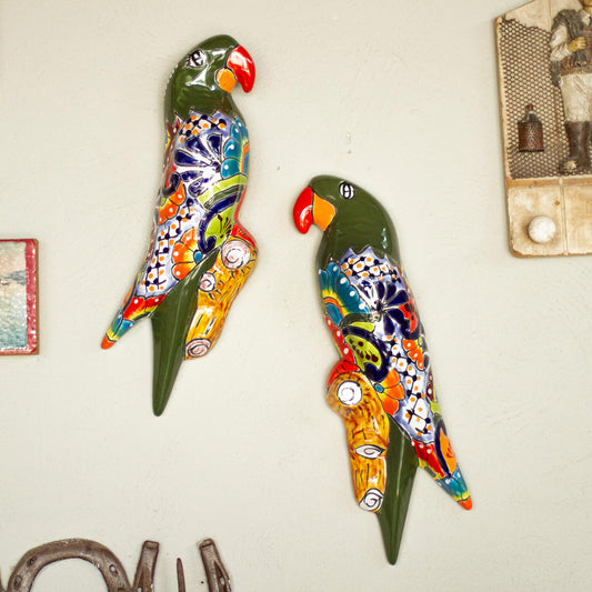 Parrot Friends Ceramic Parrot Wall Sculptures from Mexico (Pair)