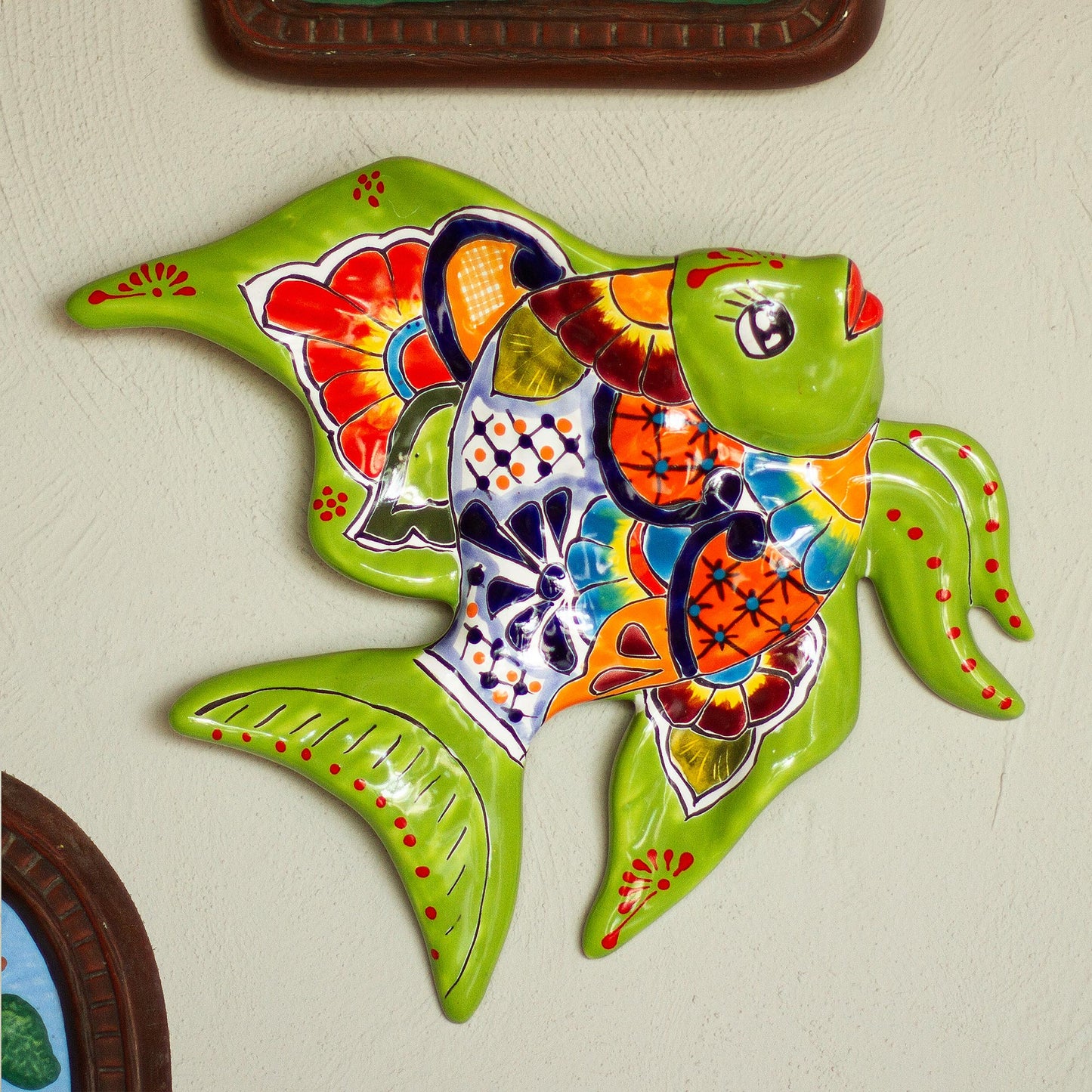 Green Angelfish Hand-Painted Ceramic Fish Wall Sculpture from Mexico