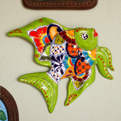 Green Angelfish Hand-Painted Ceramic Fish Wall Sculpture from Mexico