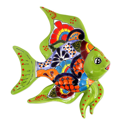 Green Angelfish Hand-Painted Ceramic Fish Wall Sculpture from Mexico