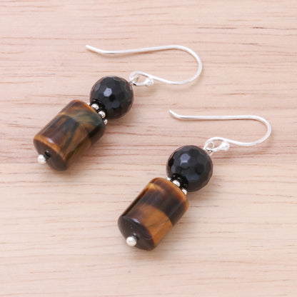 Earthen Marvel Onyx and Tiger's Eye Dangle Earrings from Thailand